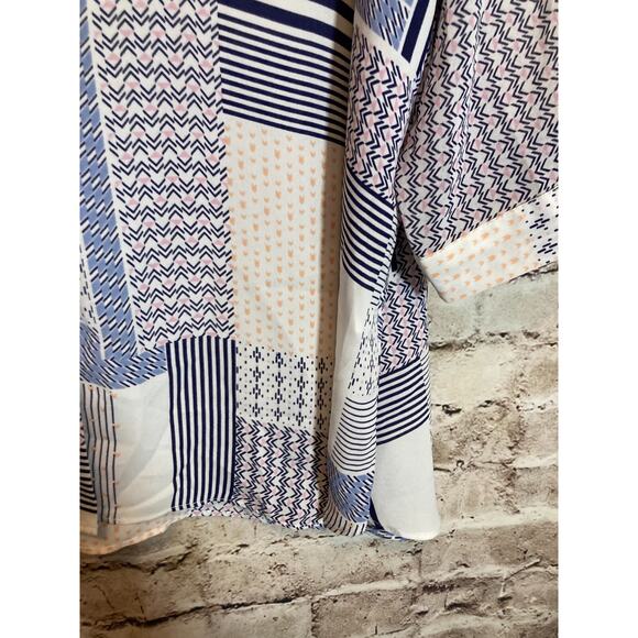 Rose + Olive Top Womens 2X Blue & Pink Patchwork Mixed Print Button Up Artsy - Picture 8 of 14